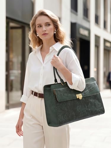 LOVEVOOK Laptop Tote Bag for Women, PU Leather Work Bag, Teacher Tote - color: Green Embossed, size: 17.3 inch-with lunch compartment