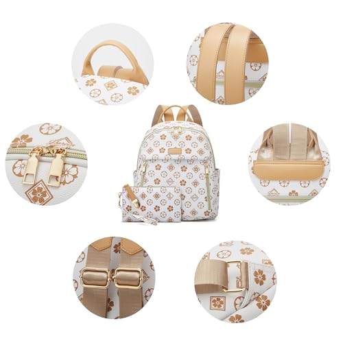 Makes Mini Backpack for Women, Small Casual Backpacks Daily Travel Bag 2pcs | Small Bookbag,Work Travel School PU Leather Shoulder Bag Mochilas Para Mujer Rucksack Gifts for Lady Girls Mother Wife - color: Beige Flower