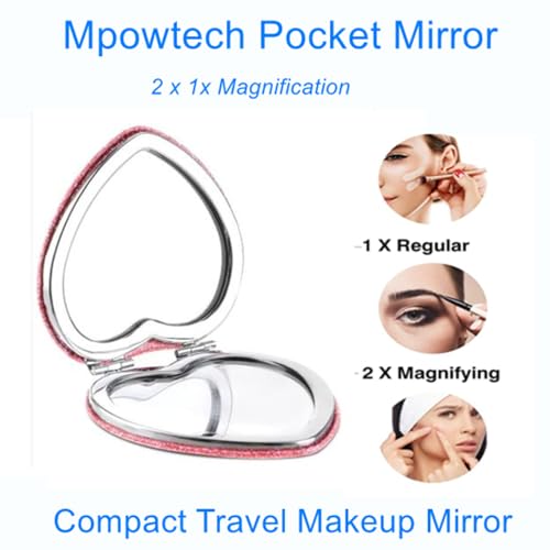Cute Heart Shaped Compact Mirror for Women,Magnifying Travel Mirror with Glitter,Pink Small Pocket Mirror,Portable 2 x 1x Magnification Folding Makeup Mirror,Cosmetic Mirror for Gift - color: Pink-heart Shape