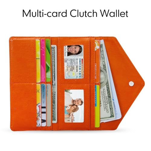 RFID Slim Wallet for Women Thin Card Holder Travel Trifold Clutch Ladies Long Billfold, 2 ID Windows, Orange - color: Orange