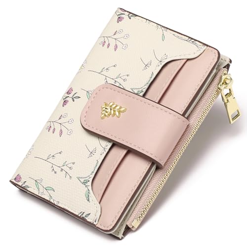 GAEKEAO Wallet Women Small RFID Vegen Leather Card Holder for Women | Compact leather wallet, credit card holder, RFID protection, ID window, coin pocket, lightweight travel purse - color: Pink