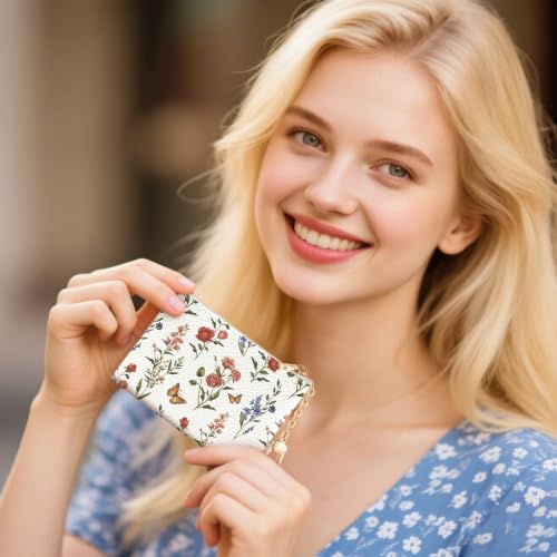 Flower Butterfly Keychain Coin Purse for Women, Cute Change Pouch | Zipper Key Chain Purse, Small Little Zip Pocket, PU Leather, Travel Wallet for Girls, Tiny Coin Holder, Key Ring, Women Gifts - color: Flower Butterfly