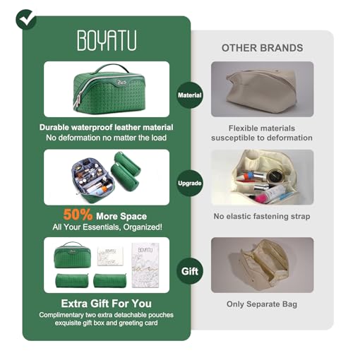 BOYATU Travel Makeup Bag Cosmetic Bags for Women: 3 Pcs Set Make up Bag | Large Capacity Waterproof Vegan Leather Organizer Bags with Compartments - Lay flat Toiletry with Handle (L38 Green) - color: L38 Green
