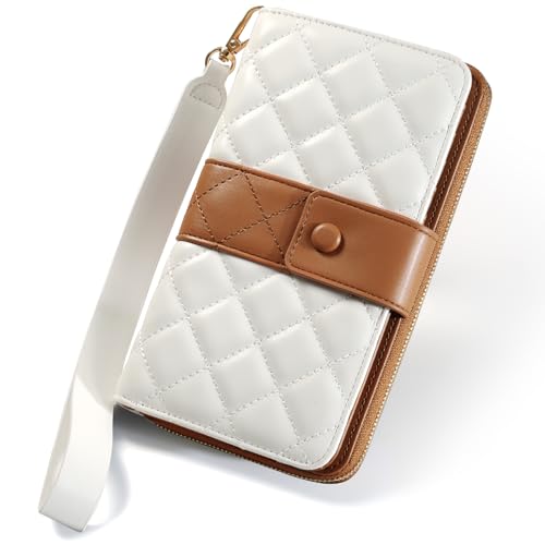 TiMOVO RFID Leather Wallet with Wrist Strap for Women, Beige + Brown | 12 Card Slots, Large Capacity Travel Purse, Anti-Theft RFID Blocking PU Leather, Portable Daily & Trip Use - color: Beige + Brown