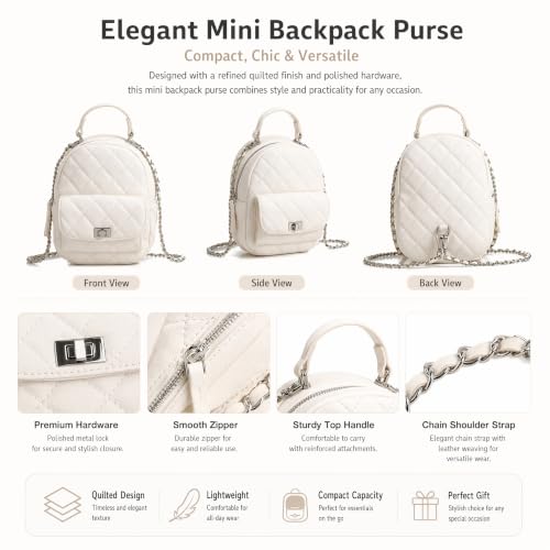 White Mini Quilted Backpack Purse for Women, Designer Style Small Chain Backpack Bag with Top Handle, Fashion Travel Backpack for Daily Use - color: White