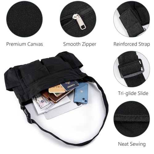 Canvas Messenger Bag for Women, Grunge Bag with Fairy Grunge Bracelet, Crossbody Bag with Bracelets Fairy Grunge Clothes - color: Black