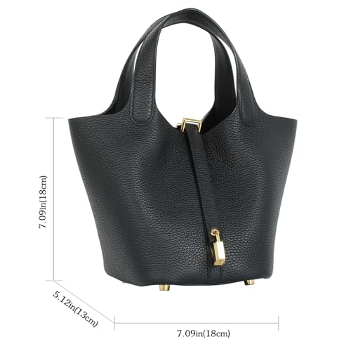 Genuine Leather Bucket Bag with Shoulder Strap, Organizer Insert & Silk Scarf for Women Handbag Tote Bag - color: Black-gold