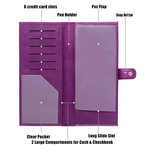 LLi Cufite Business Size and Travelers Check Large Checkbook Cover for Side & Top Tear Checks, Deposit Tickets, Companion Checks, Leather Check Book Cover with Duplicate Check Sleeve & Card Slots - color: Purple