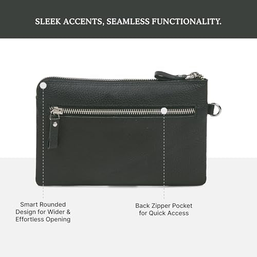 Leather Wristlet Wallet for Women Clutch Handbag Purse with Cell Phone Slot | Genuine Top Grain Leather, 8 Credit Card Slots, Detachable Strap, YKK Zipper, Gifts for Women - color: Black Nappa