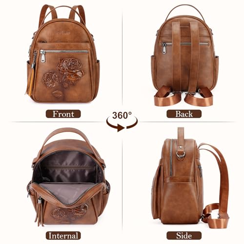 Mini Backpack Purse for Women,Vegan Leather Small Backpack for Daily | Embossed Lightweight Water-Resistance Travel Mini Fashion Daypack Bag,Ladies Casual Backpack Purse Gift Choice for Women - color: Brown-flower