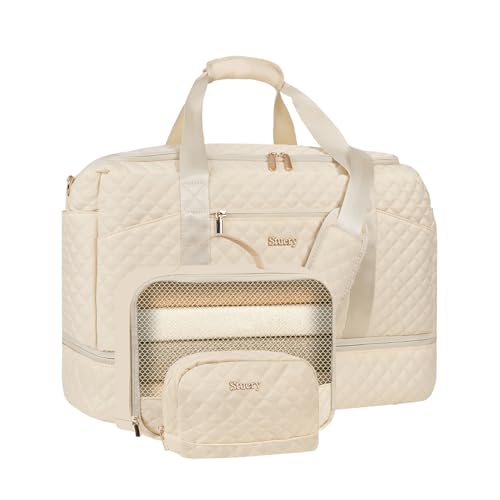 Stuery Weekender Bags for Women with Toiletry Bags: Large Overnight Bags Travel Duffel Bag Carry On Shoulder Weekend Tote with Shoe Compartment and Wet Pocket for Girls Airplane Traveling,Beige White - color: C-3PCS Beige White