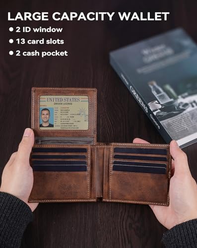 Swallowmall Wallet for Men RFID Blocking Genuine Leather Mens Wallets Bifold with 2 ID Window 13 Card Slots brown-417 - color: brown-417