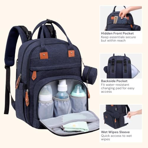 BabbleRoo Diaper Bag Backpack - Baby Essentials Travel Tote - Multi Function Water Resistant Diaper Bag, Travel Essentials Baby Bag with Changing Pad, Stroller Straps & Pacifier Case - Navy Blue - color: Navy Blue, size: Large