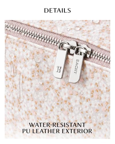 EACHY Makeup Bag, Waterproof PU Leather Travel Toiletry Bag for Women, 180° Wide-Open Flat Cosmetic Bag, Large Capacity Makeup Pouch with Divider and Handle - color: CA-Pink Floral, size: Medium