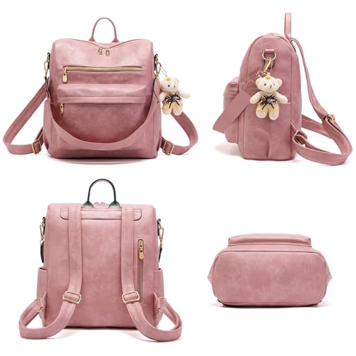 Soperwillton Women Backpack Purse Shoulder Handbags Travel Bag Set 2pcs | Soft PU Leather,Large Capacity,Many Pockets,with a Functional Wallet,with a Detachable Shoulder Strap,Multipurpose Design - color: Pink