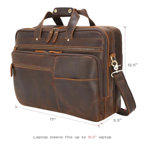 Polare X-Large 18" Full Grain Leather Briefcase For Men Business Travel Case Messenger Bag Fits 17.3" Laptop - color: Brown (Large 17'')