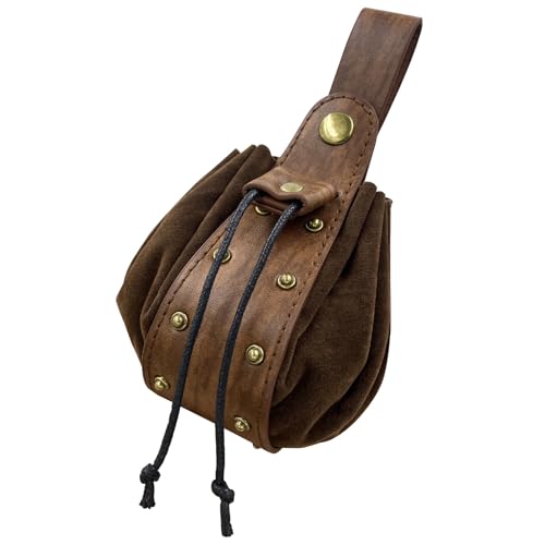Medieval Faux Leather Drawstring Pouch Vintage Rivets Belt Pouch Coin Purse Dice Bag For LARP Ren Faire (Brown A) - color: Brown A