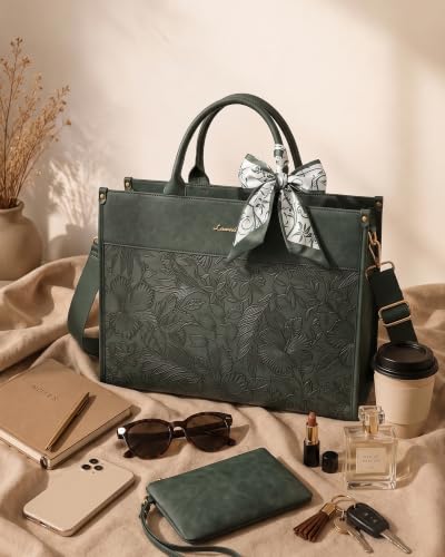 LOVEVOOK Laptop Tote Bag for Women, Vintage Work Bag with Large Cup Holder | Waterproof Business Computer Bag,Teacher Handbag Purse Briefcase,Office Gifts for Women with Silk Scarf - color: Green (Embossed), size: 15.6 Inch