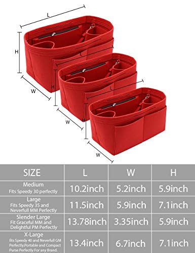 LEXSION Felt Purse Organizer Insert Zipper Pocket with Two Removeable Bottle Holder - color: Red, size: Medium
