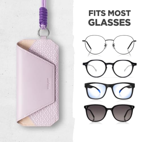 VULKIT Portable Leather Eye Glasses Case for Women & Men, Slim Sunglass Case, Unisex Eyeglass Case - color: Lavender Mist With Lanyard