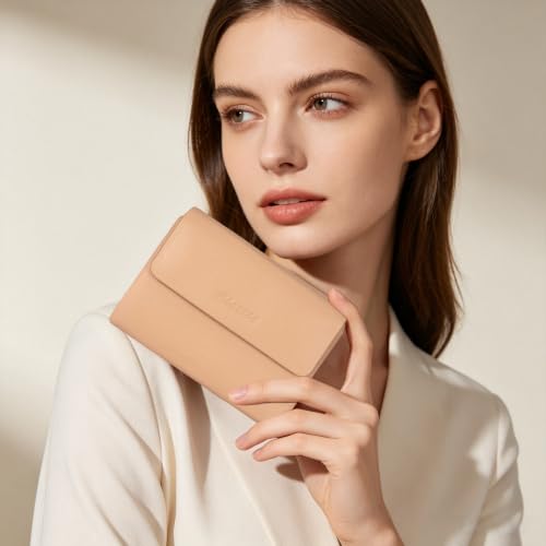 Women's Bifold Wallet, Genuine Leather, Magnetic, ID Window | Holds 10+ Cards, 2 Zip Coin Pockets, Pebbled Cowhide, Snap Closure, Large Capacity, Multiple Colors, Compact 5.5x3.9in - color: B-Light Pink