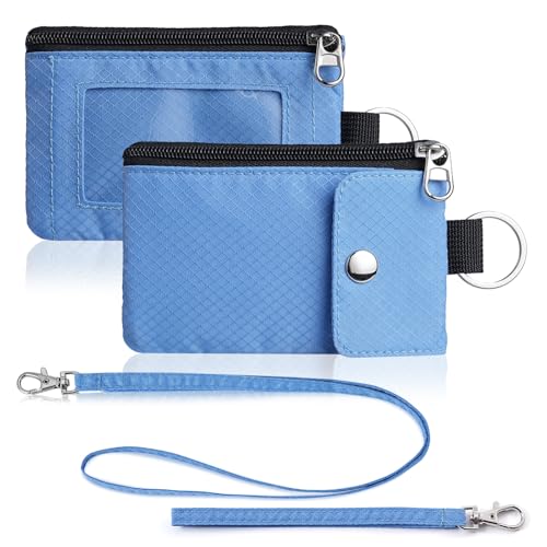 Artpaxy Minimalist Wallet For Mens Womens, Keychain RFID Blocking Zipper Small Wallet with ID Window 2 Lanyards,Water Resistant Travel Cash Card Coin Case Boys Girls - color: Powder blue