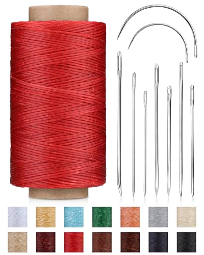 218 Yards Upholstery Thread Heavy Duty, Red Waxed Leather Thread Sewing Kit | Leather Sewing Waxed Threads with Heavy Duty Needles, Thread for Hand Sewing Leathercraft Repair Leather Shoes Bags Sofa - color: Red