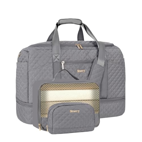 Stuery Weekender Bags for Women with Toiletry Bags: Large Overnight Bags Travel Duffel Bag Carry On Shoulder Weekend Tote with Shoe Compartment and Wet Pocket for Girls Airplane Traveling,Gray - color: D-3PCS Gray