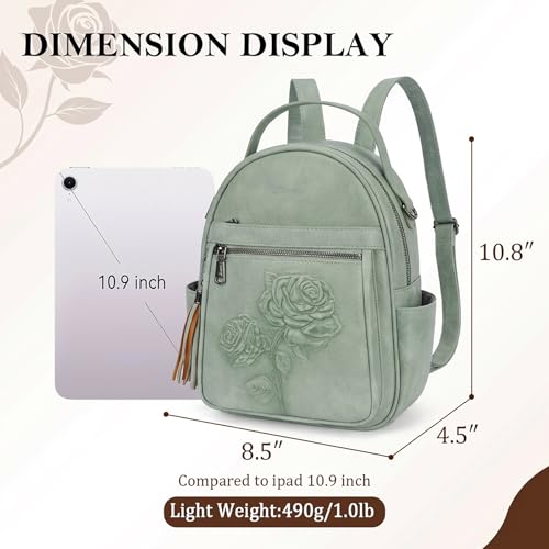 Mini Backpack Purse for Women,Vegan Leather Small Backpack for Daily | Embossed Lightweight Water-Resistance Travel Mini Fashion Daypack Bag,Ladies Casual Backpack Purse Gift Choice for Women - color: Green-flower
