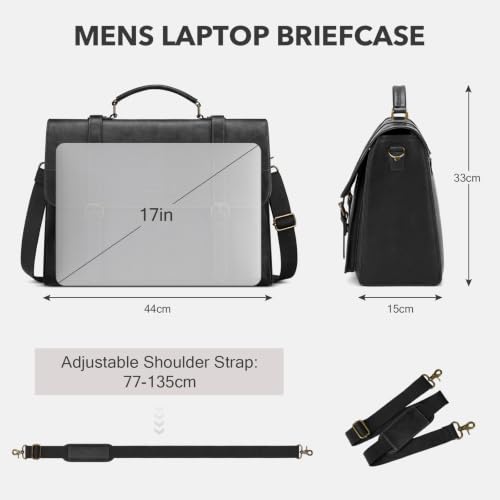 RAINSMORE Messenger Bag for Men 17 Inch Vintage PU Laptop Briefcase, Black | Large Capacity Work Bag with Magnetic Flap, Water-Resistant PU Leather, 3-Way Carry for Office, Business Travel & College - color: Black