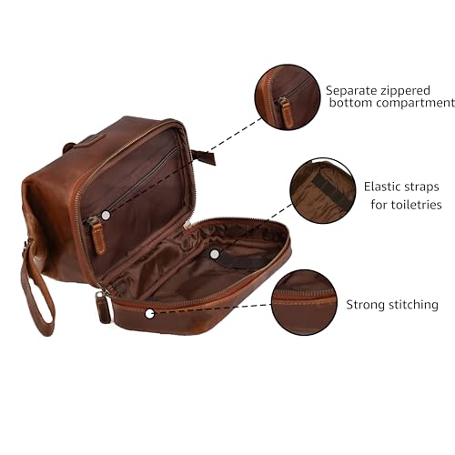 LEATHER VILLAGE Leather Toiletry Bag for Men, Travel Dopp Kit Shaving Bag | Full grain buffalo leather, two zip compartments, 9.6x5.5x5.1 in, YKK zippers, water-resistant lining, shaving kit- Tan - color: Sun Tan