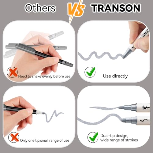TRANSON 3 Gold, 3 Silver, 1 Black and 1 White Paint Markers Brush and Bold Dual-tip Acrylic Paint Marker Set for Rock Painting Glass Canvas Wood Leather Ceramic Painting - style: Bold and Brush 3 Gold 3 Silver 1 Black and 1 White