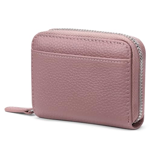 SENDEFN RFID Credit Card Holder for Women Small Leather Zipper Card Case Wallet 15 Slots - color: J-Pink