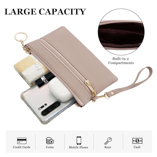 LJCZKA Leather Wristlet Wallet for Women Men Large Capacity Clutch Handbags Purses Long Cellphone Credit Card Holder Pocket Bag with Wrist Strap, Keychain (Nude) - color: Nude