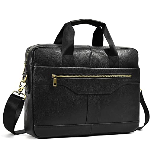 Genuine Leather Briefcase for Men, Laptop Computer Shoulder Bag With Strap, 15.6 Inch Business Travel Work Handbag - color: 3317 Black
