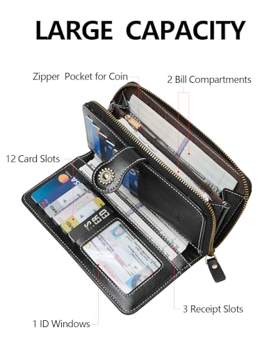 TFKGS Wallet for Women RFID Blocking Leather Large Capacity Card Holder Ladies Phone Clutch Travel Long Purse Wristlet | RFID Blocking - color: 2-Upgrade-Wax-Black