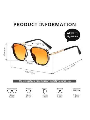 kimorn Women's Tangle Free Aviator Sunglasses, Polarized UV400 Protecion | Retro Square Frame Shades, Small-Medium Fit, Driving, Beach, Daily Wear - color: Gold+black+yellow