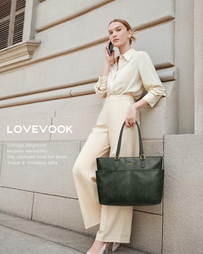 LOVEVOOK Work Tote Bag for Women, Retro Leather 17.3 Inch Laptop Bag with Large Cup Holder, Computer Briefcase Handbag for Teacher, Nurse, and Medical Professionals - color: Green, size: 17.3 Inch