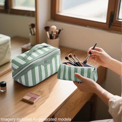 BOYATU Travel Makeup Bag for Women: 3 Pcs Set Striped Make up Bag,Green | Vegan Leather Cosmetic Bags with Compartments - Waterproof Large Capacity Toiletry Bags - 180° Open-Flat Makeup Organizer - color: A-2-Green