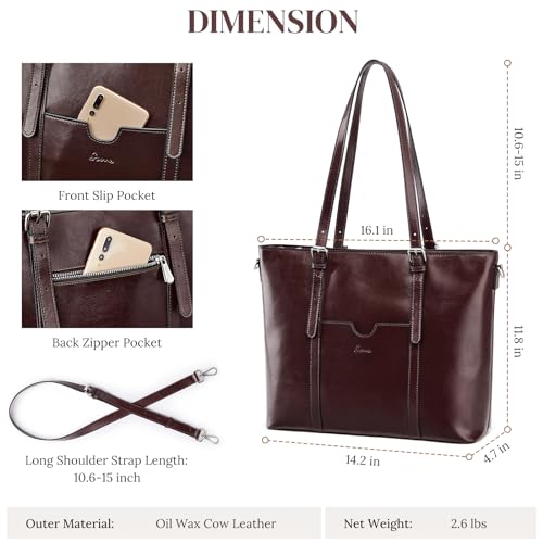 S-ZONE Women Genuine Leather Laptop Tote Bag Shoulder Handbags 15.6 Inch Purse | Soft Genuine Leather, Large Capacity, Fits 15.6-Inch Laptop, Business or Travel, Bottom Metal Feet - color: Coffee