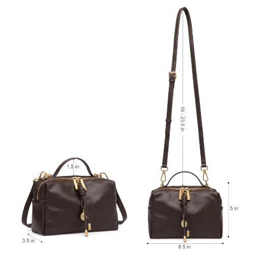 Genuine Leather Shoulder Bag for Women Small Top Handle Bag Crossbody Purse | Smooth Double Zipper Detachable Adjustable Strap Gold-Tone Hardware and Organized Three-Compartment Interior - color: Coffee