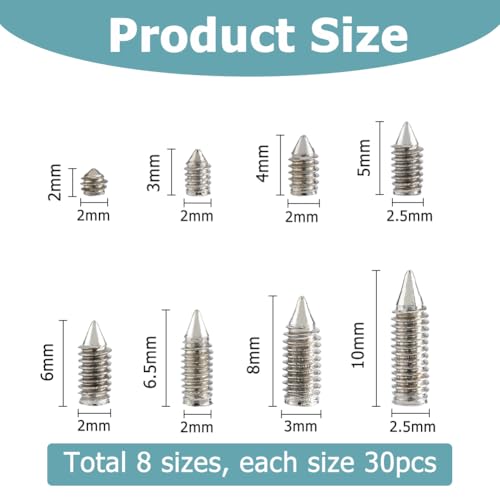 Hobbspring 240Pcs 8 Sizes Plain Carbon Steel Belt Tip Screws Set Tip Point Screw Assortment Kits Pointed Cross Slot Leather Accessories for Belt Buckle Wallet Handbag Purse