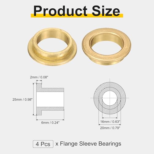 uxcell 4Pcs Flange Sleeve Bearings, 16mm Bore x 20mm OD x 6mm Length, Self-Lubricating Sintered Bronze Bushings - size: 16x20x6mm