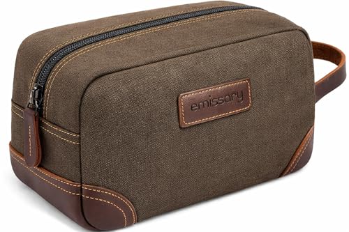 emissary Men's Toiletry Bag, Leather and Canvas Travel Toiletry Bag, Dopp Kit for Men, Travel Bathroom Bag Men's Shaving Kit, Travel Kit Small Bags for Men, Shaving Bag for Travel Accessories (Coffee) | Durable canvas & PU leather, water-resistant lining,