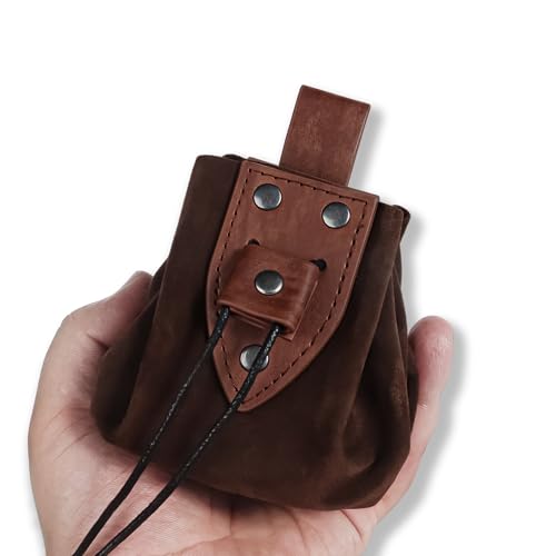 Medieval Faux Leather Drawstring Pouch Vintage Rivets Belt Pouch Coin Purse Dice Bag For LARP Ren Faire (Brown B) - color: Brown B