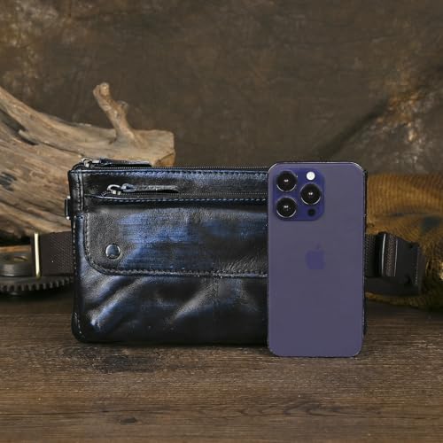 Water Resistant Canvas + Leather Hiking Riding Travel Fanny Waist Pack Small Phone Pouch For Men Women FB811-29 (100% Leather-The 8136 Blue) - color: 100% Leather-The 8136 Blue