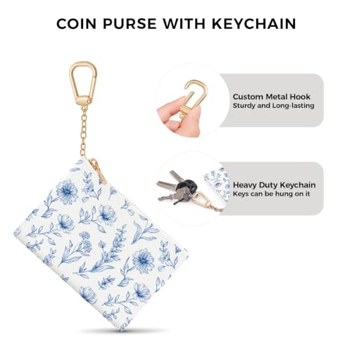 Blue Flower Keychain Coin Purse for Women, Small Change Pouch | Zipper Key Chain Purse, Little Tiny Zip Pocket, PU Leather, Travel Wallet for Girls, Cute Coin Holder, Key Ring, Women Gifts - color: Abstract Blue Flower