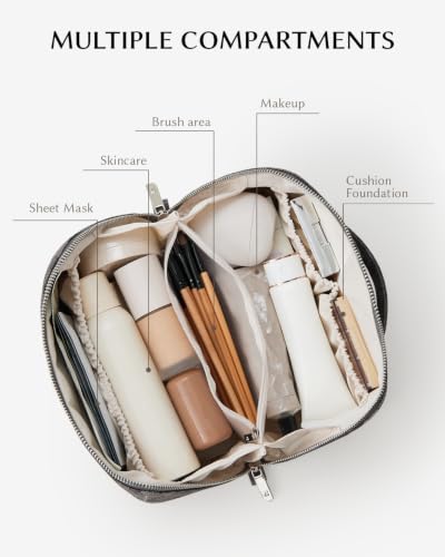 EACHY Makeup Bag, Waterproof PU Leather Travel Toiletry Bag for Women, 180° Wide-Open Flat Cosmetic Bag, Large Capacity Makeup Pouch with Divider and Handle - color: CE-Dark Gray Print, size: Medium