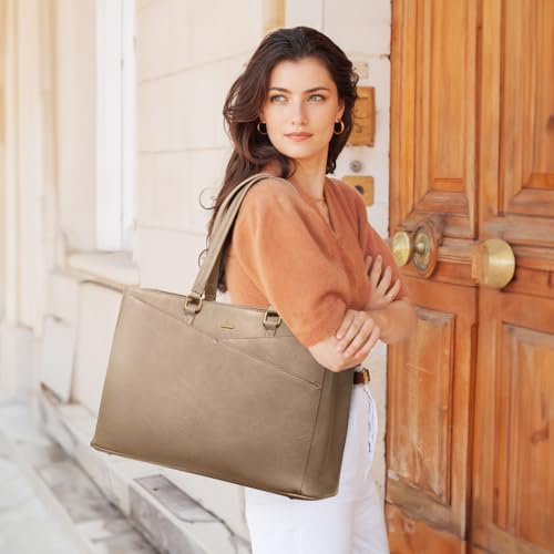 LOVEVOOK Laptop Tote Bag for Women,Leather Work Computer Briefcase Bag - color: Tukhaki-laptop Bag, size: 15.6 inch