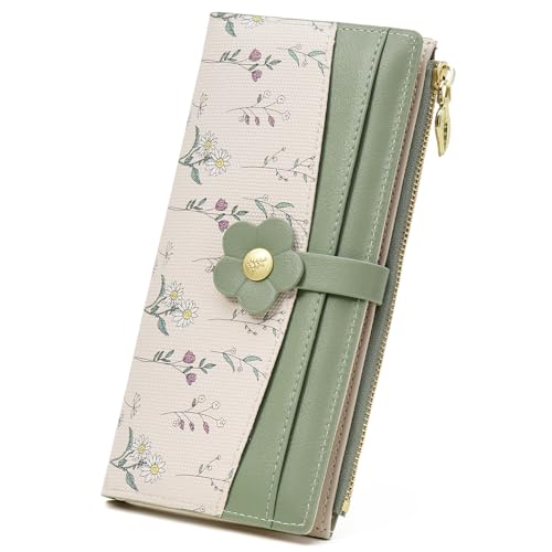 GAEKEAO Womens Wallet Slim Thin RFID Blocking Bifold Floral Vegan Leather Card Holder Large Capacity Wallet with Zipper Pocket - color: Y-Green